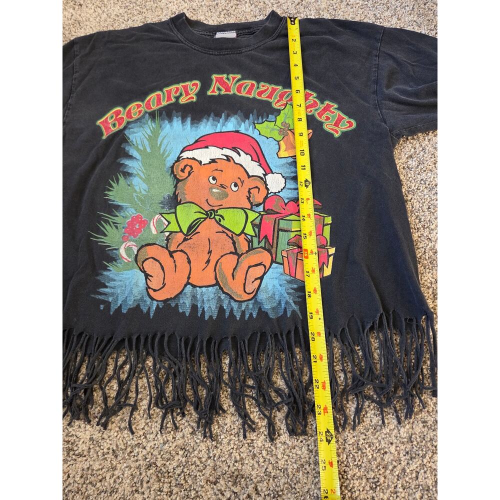 Vtg 90s Beary Naughty Christmas Fringed T-Shirt Black Boxy XL Crop Top Graphic - Picture 4 of 8